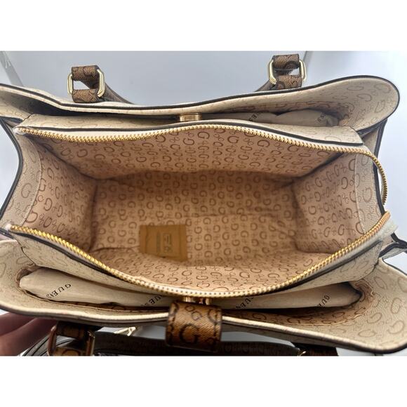New W Tags: Guess White and Brown Multi Rodez Satchel Bag - Picture 7 of 10